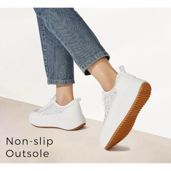 Brand New Women White Rubber LUCKY STEP Rhinestone Platform Chunky Sneakers - Picture 4 of 9